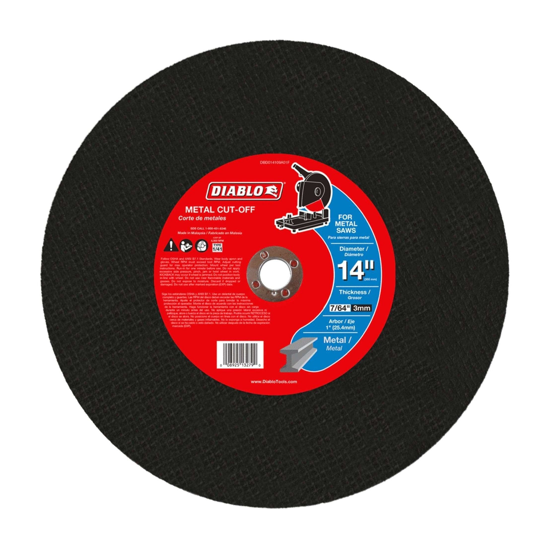 An image of a Diablo cut-off disc designed for metal applications shows a black abrasive surface with an aluminum oxide blend. The red label details the DIABLO DBD014109A01F 14 in. x 7/64 in. x 1 in., ideal for use with chop saws.
